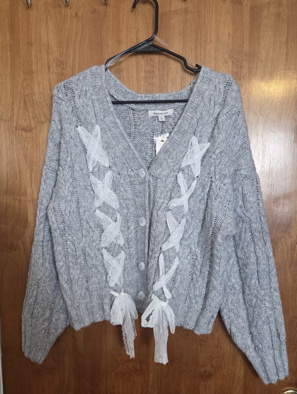 Francesca's Gray Cable Knit Lace-Up Button Cardigan